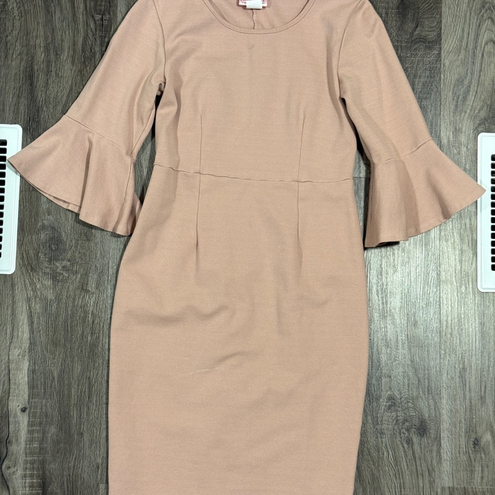 Tan Bell Sleeve Sheath Dress for Church